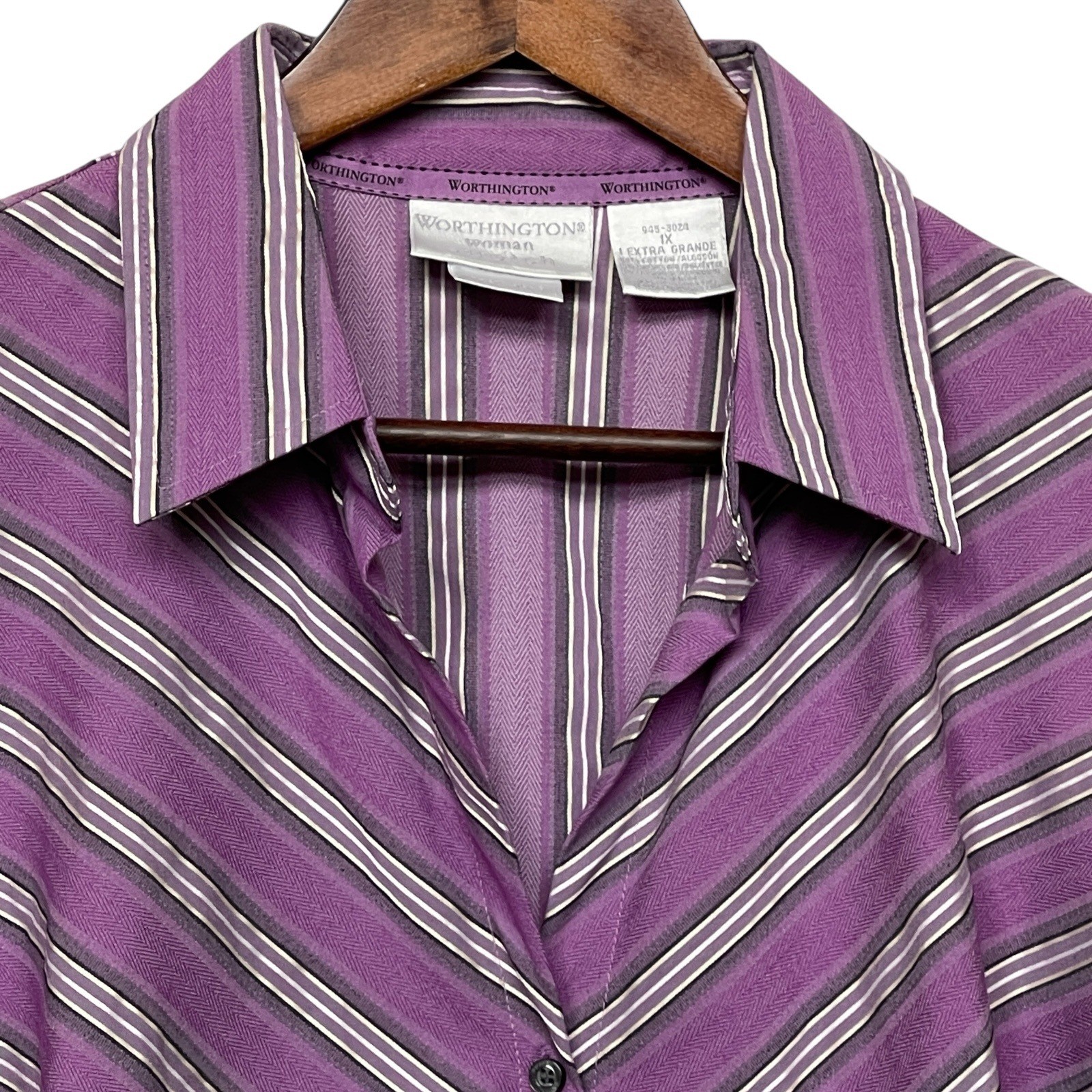 Worthington Woman 1X Purple Striped Button Down Shirt Stretch Easy Care Blouse