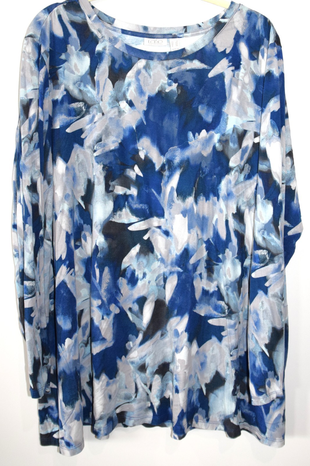 LOGO by Lori Goldstein Blue Floral Print L/S 90 rayon 10 span Tunic Plus Size 2X
