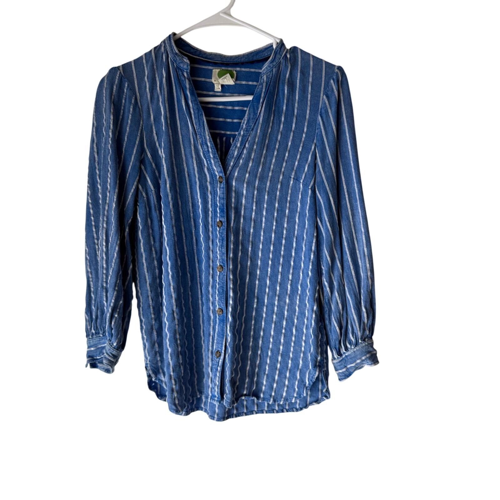 Anthropologie Size 8 Medium Blue Striped Viscose Linen Blend Button Up Long Slv