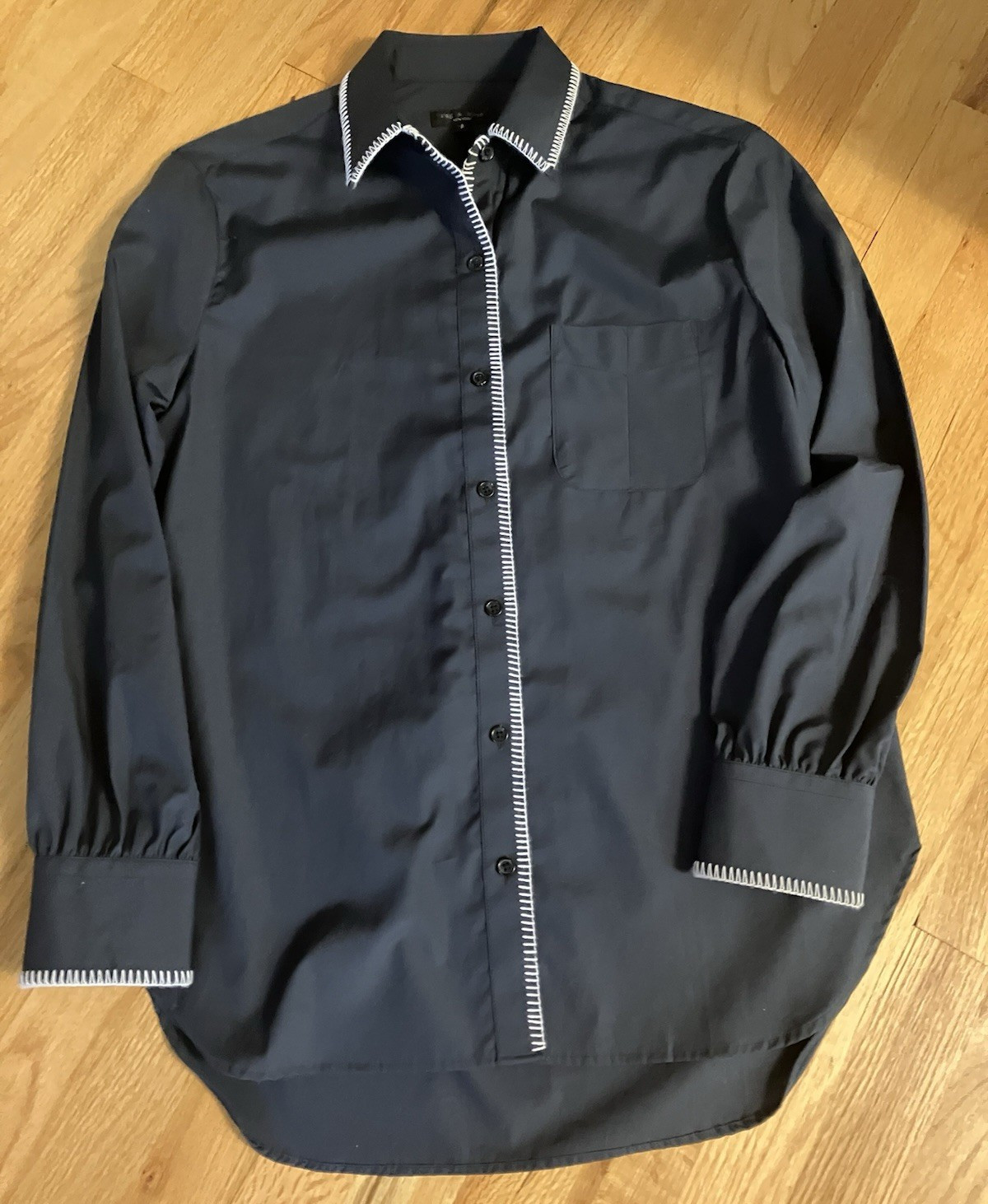 rag & bone Maxine Blanket Stitch Navy S 34/35 Cotton Spread Collar Dress Shirt
