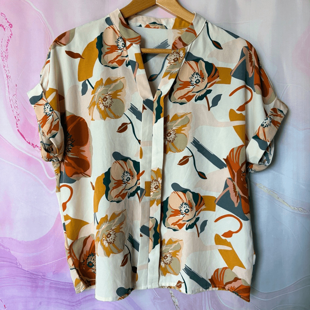 Peach Spring Fall Floral Blouse Top L Boho Preppy Professional Classy Retro