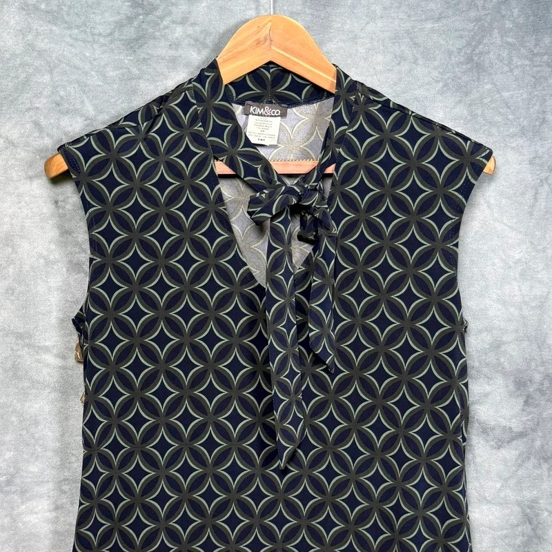 Kim & Co Women Small UK10-12 Pussy Bow Tie Neck Sleeveless Stretch Blouse