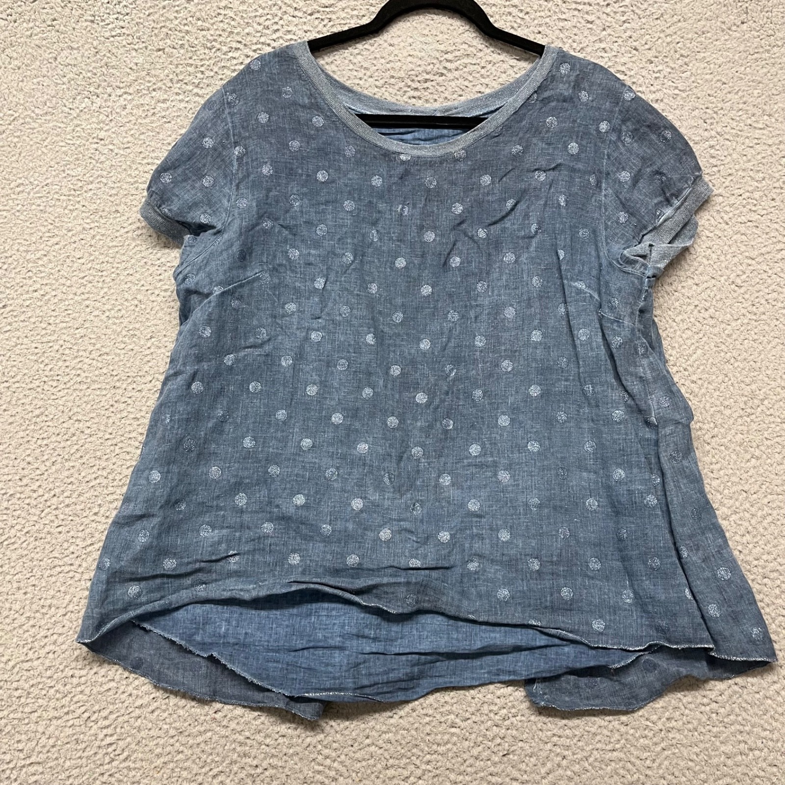 Angela Mara Top Womens XL Blue Polka Dot Glitter Bow Lagenlook Coastal Cotton