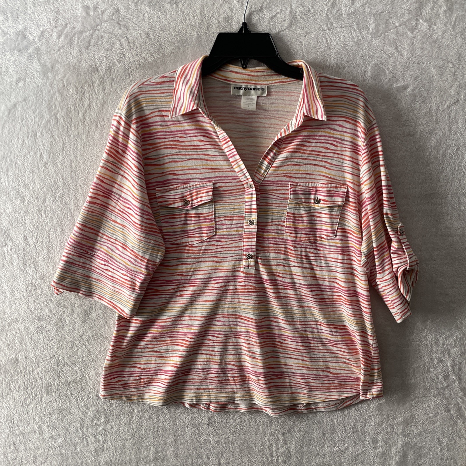 Cathy Daniels Womans Blouse Top Multicolor Large Geometric 3/4 Sleeve V Neck