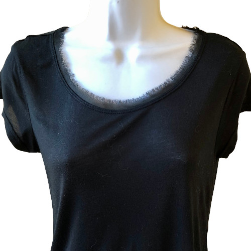 Femme By Tresics Black Blouse Top Cap Sleeve SHEER TRIM Womens size Small