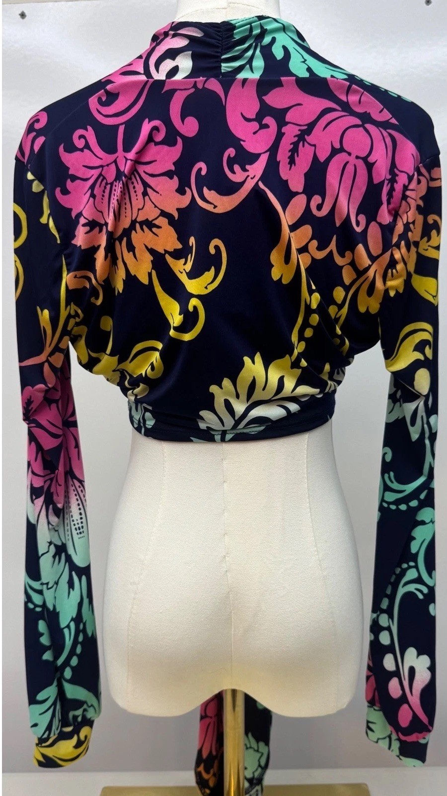 NWT J Uptown Kendra Top Baroque Floral Tie Front Crop Long Sleeve Festival Large