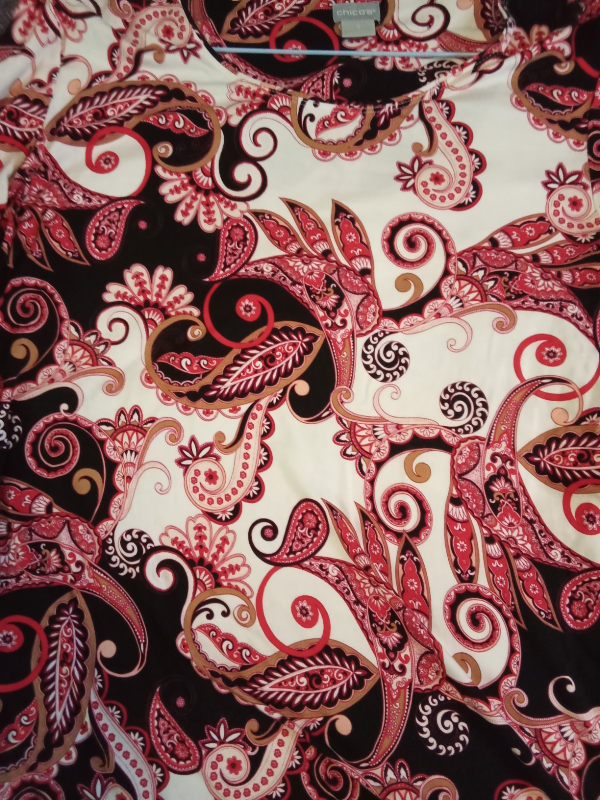 Chico’s Women’s Size 3 Paisley Knit Top Ruffle Scoop Neck Pullover Stretch