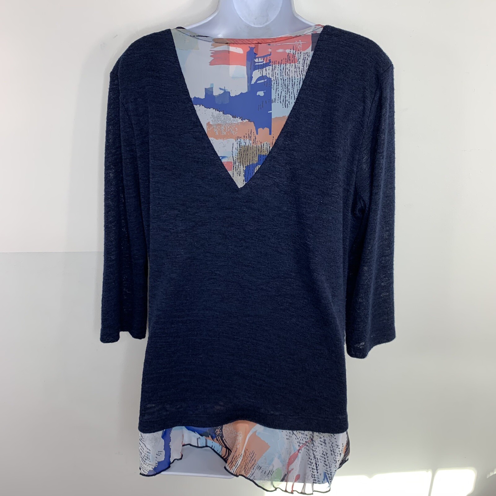 Bali Womens Top Sz L Navy Blue V Neck Tail Hem Coastal Casual AV27