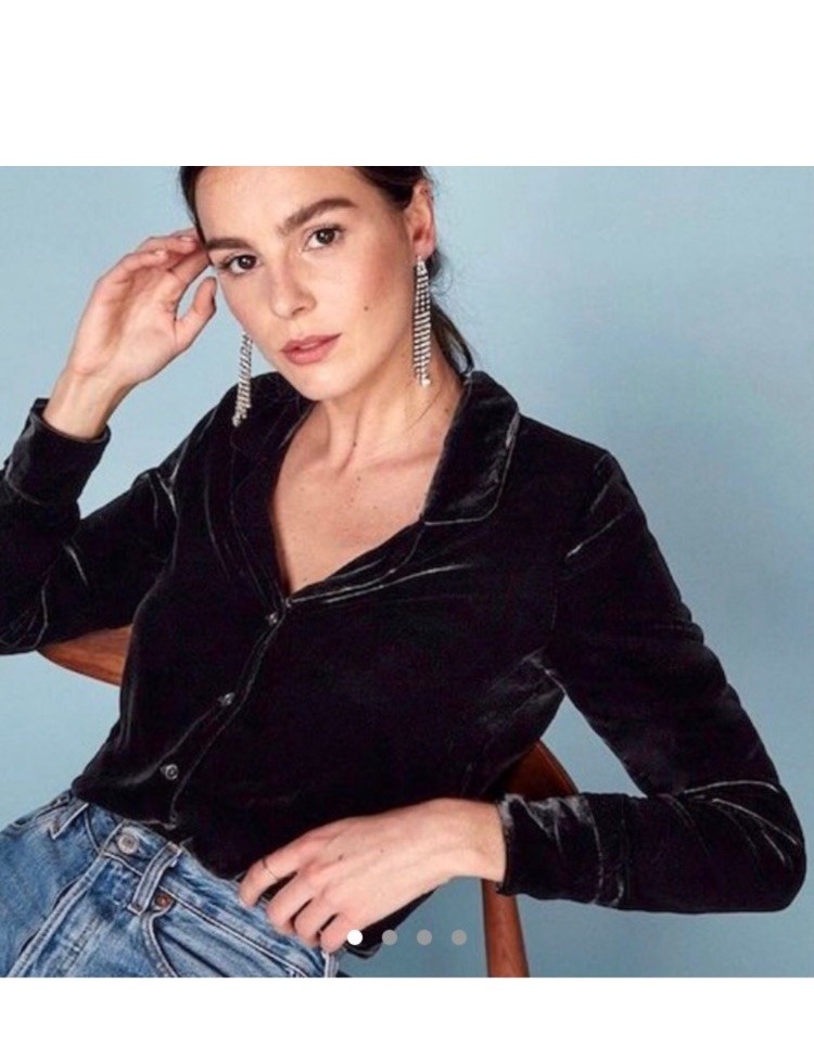 Reformation Farrah Black Velvet Button Down Top – XS