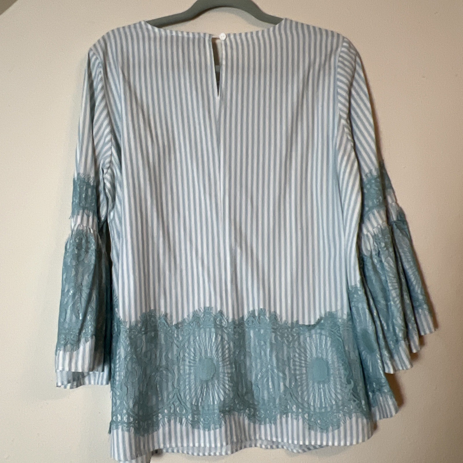 DG2 Diane Gilman Lace Trim 3/4 Flare Sleeve BOHO Linen Stripe Tunic Top Teal Med