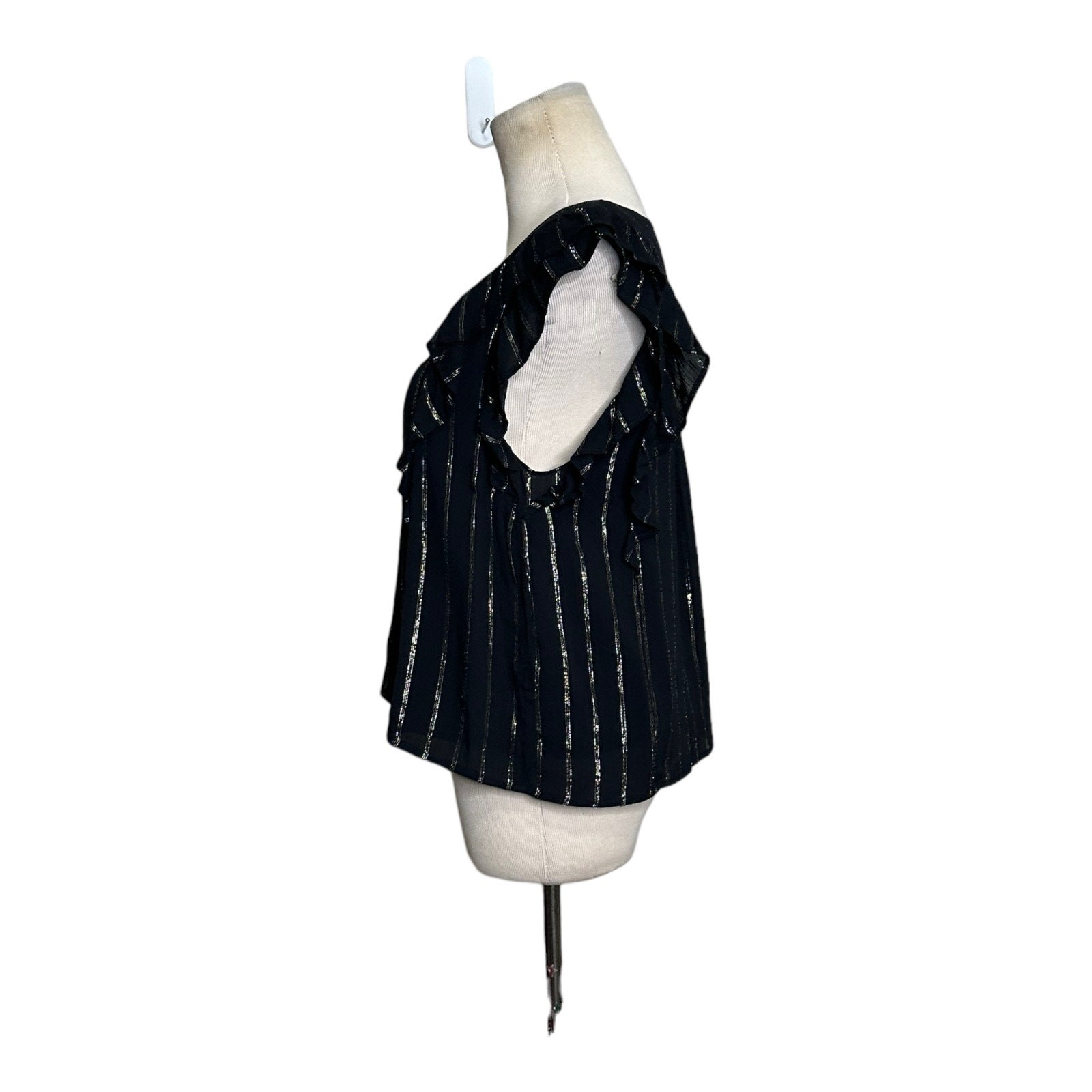 BB Dakota black silver stripes ruffled short sleeves blouse size Small