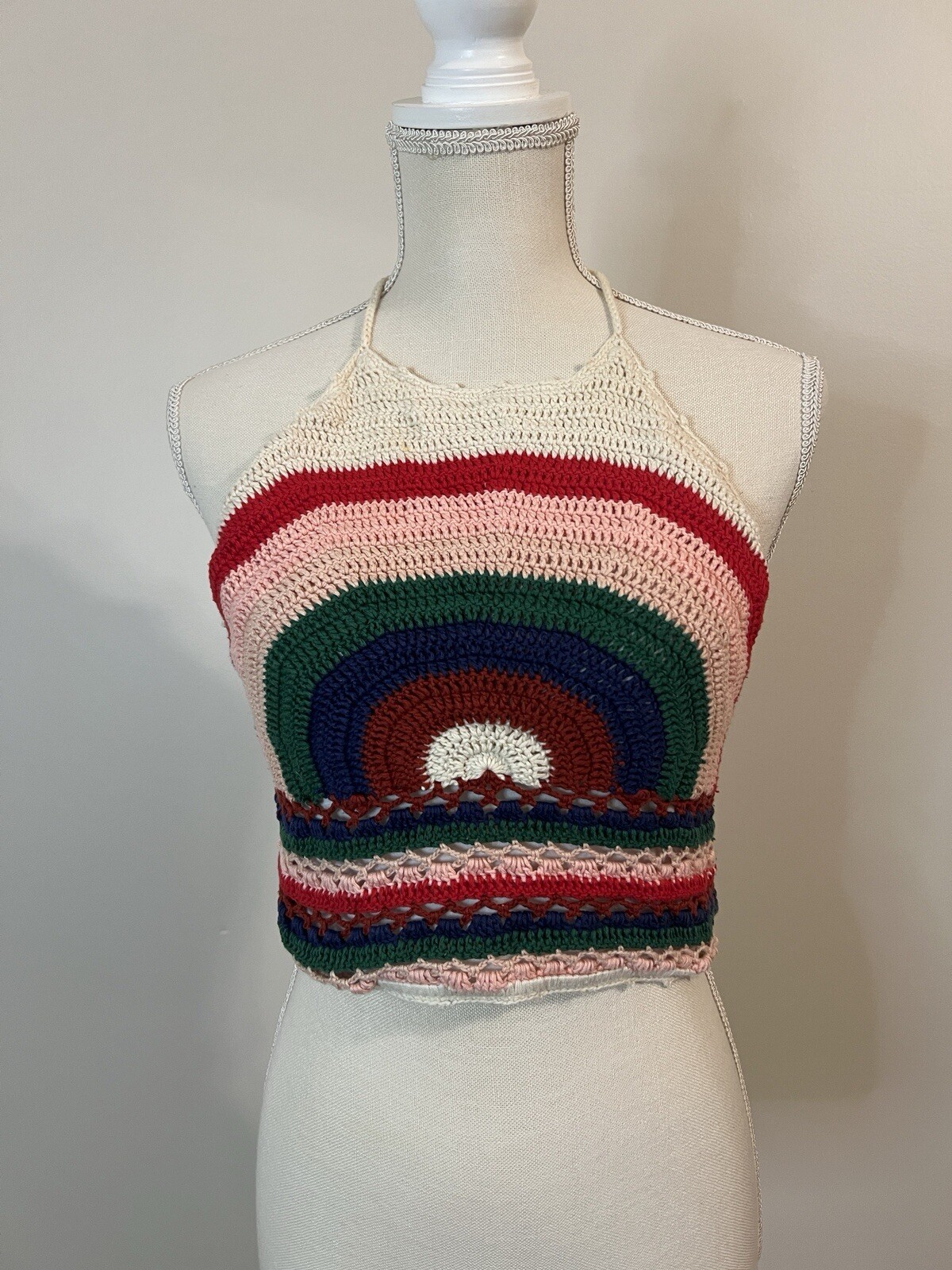 Earthbound Rainbow Knit Hippie Boho Halter Top Sz Small