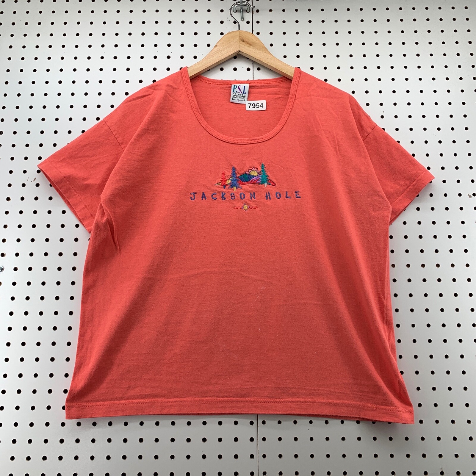 Vintage 90 Jackson Hole Shirt Womens Large Coral Pink EMbroidered 21×23.5
