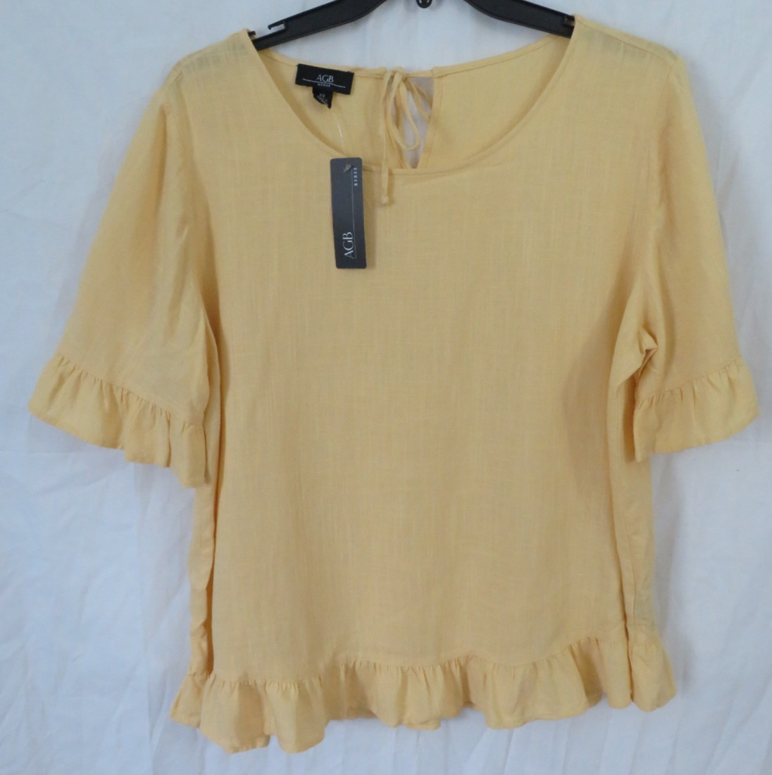 NWT AGB Women Blouse Short Sleeve Tie Back Detail Yellow Color Rayon/Linen 2X