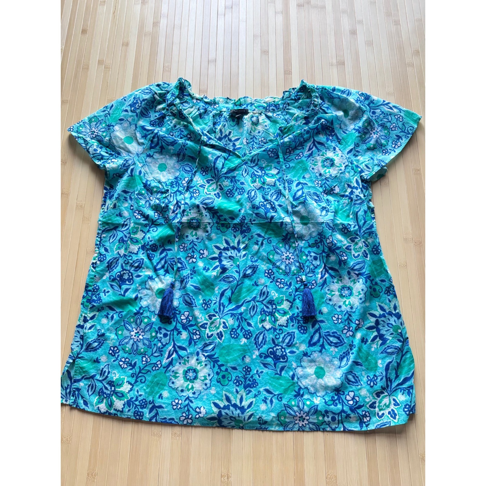 Talbots Ruffle Trim Shell Tropical Floral Blue Turquoise Tassel Tie Top Plus 1X