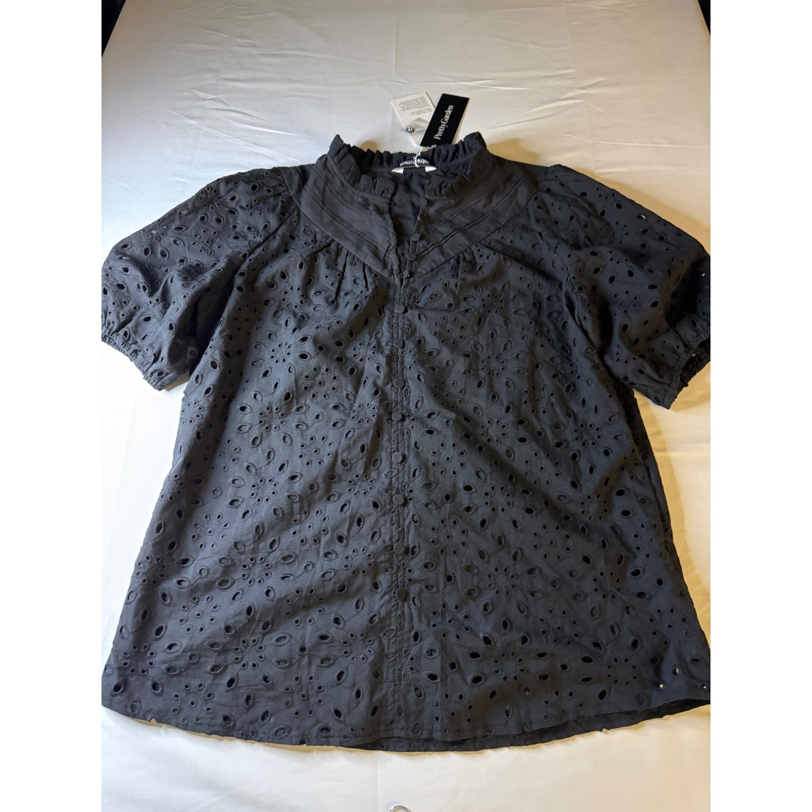 PrettyGarden Women Black Eyelet Blouse Ruffle Neck Puff Sleeve Button Down Top M