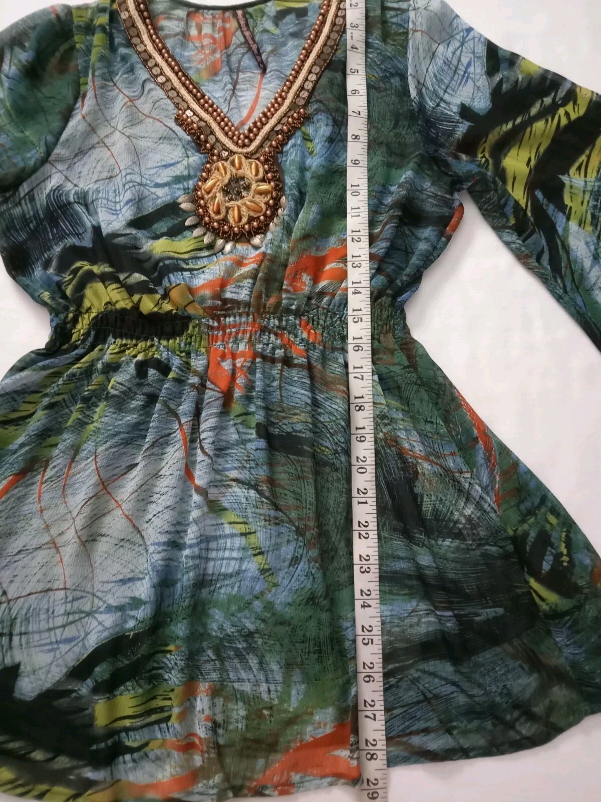 MUSHKA By SIENNA ROSE Women’s Medium Sheer Watercolor Tunic Beads Embroidery Top