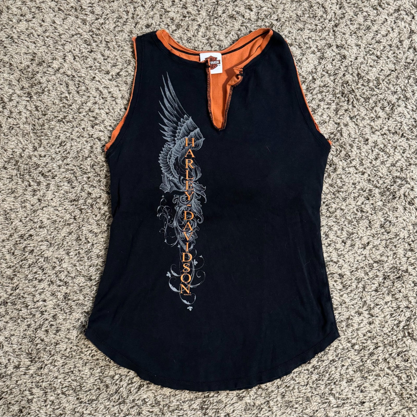 Harley Davidson 2013 Black Orange Sleeveless Stretch Top Womens Large Inner Bra