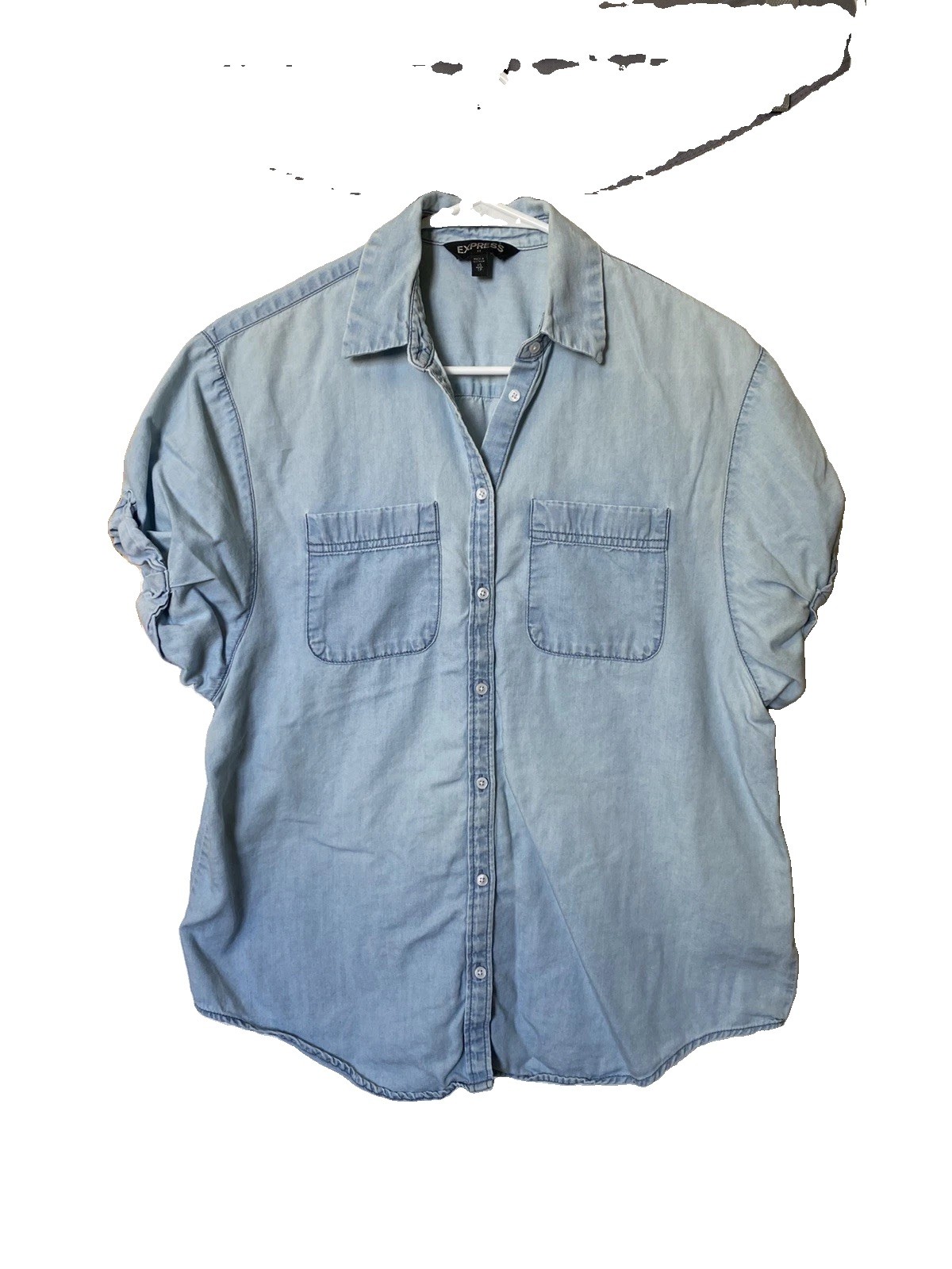 Light Wash Express XS Denim chambray Jean shirt short sleeves pockets Blue