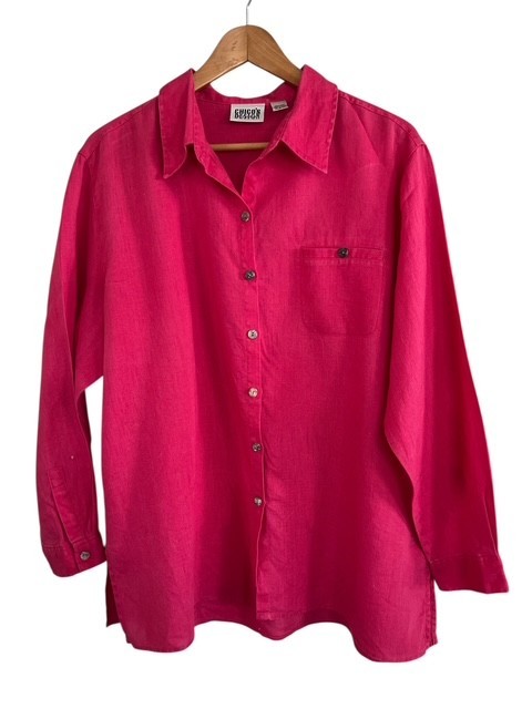 VTG Chico’s Design 100% Linen Tunic Blouse Strawberry Pink Side Slits LS 3 XL