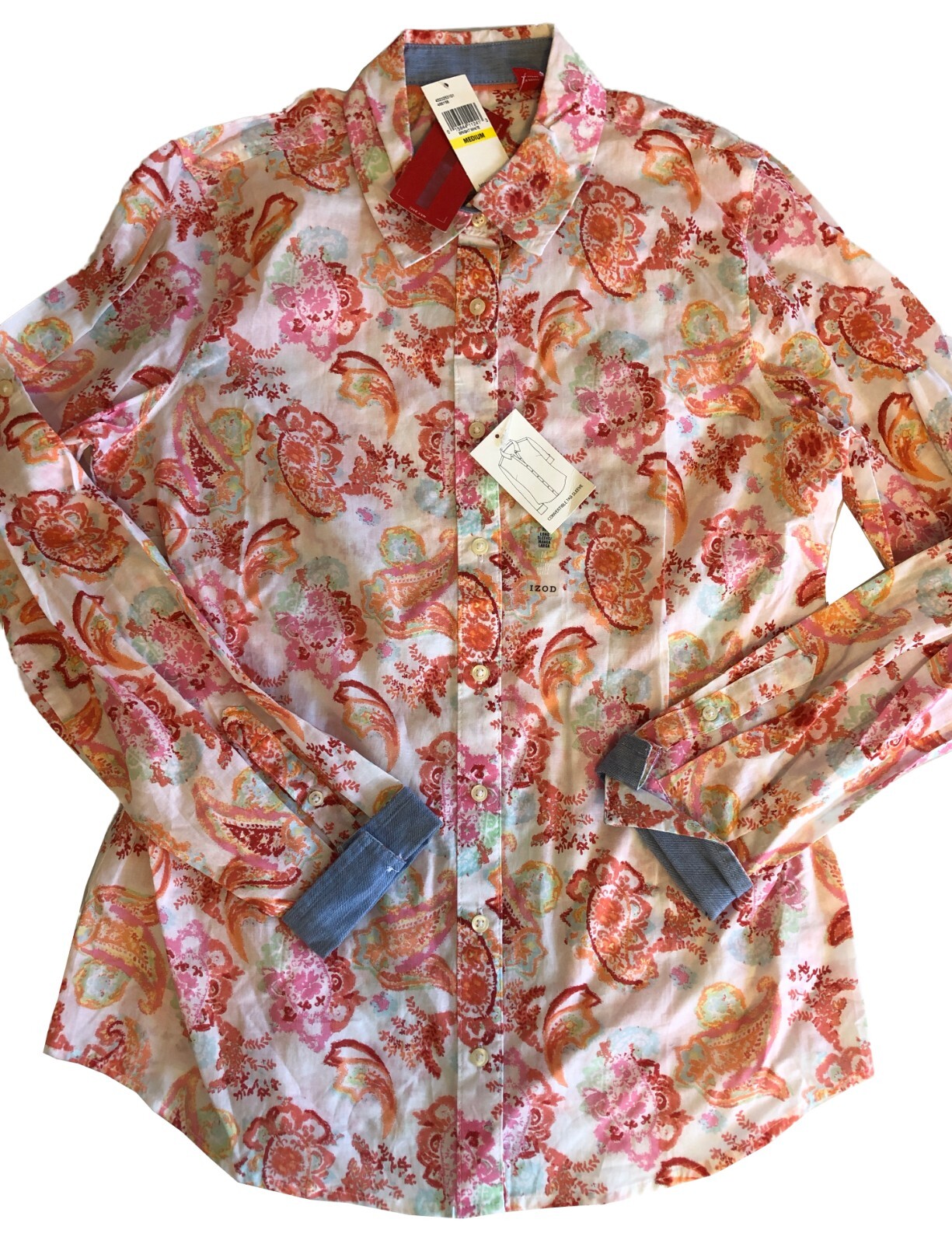New IZOD womens Button Shirt Sz M NWT $55 Cotton White Multicolor Paisley Print