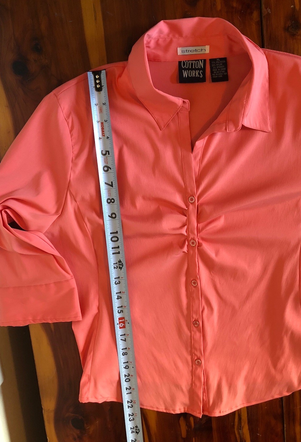 Easy Care Blouse Sz XL Peachy Pink 3/4 Sleeve Gathered Bust Button Down Stretch