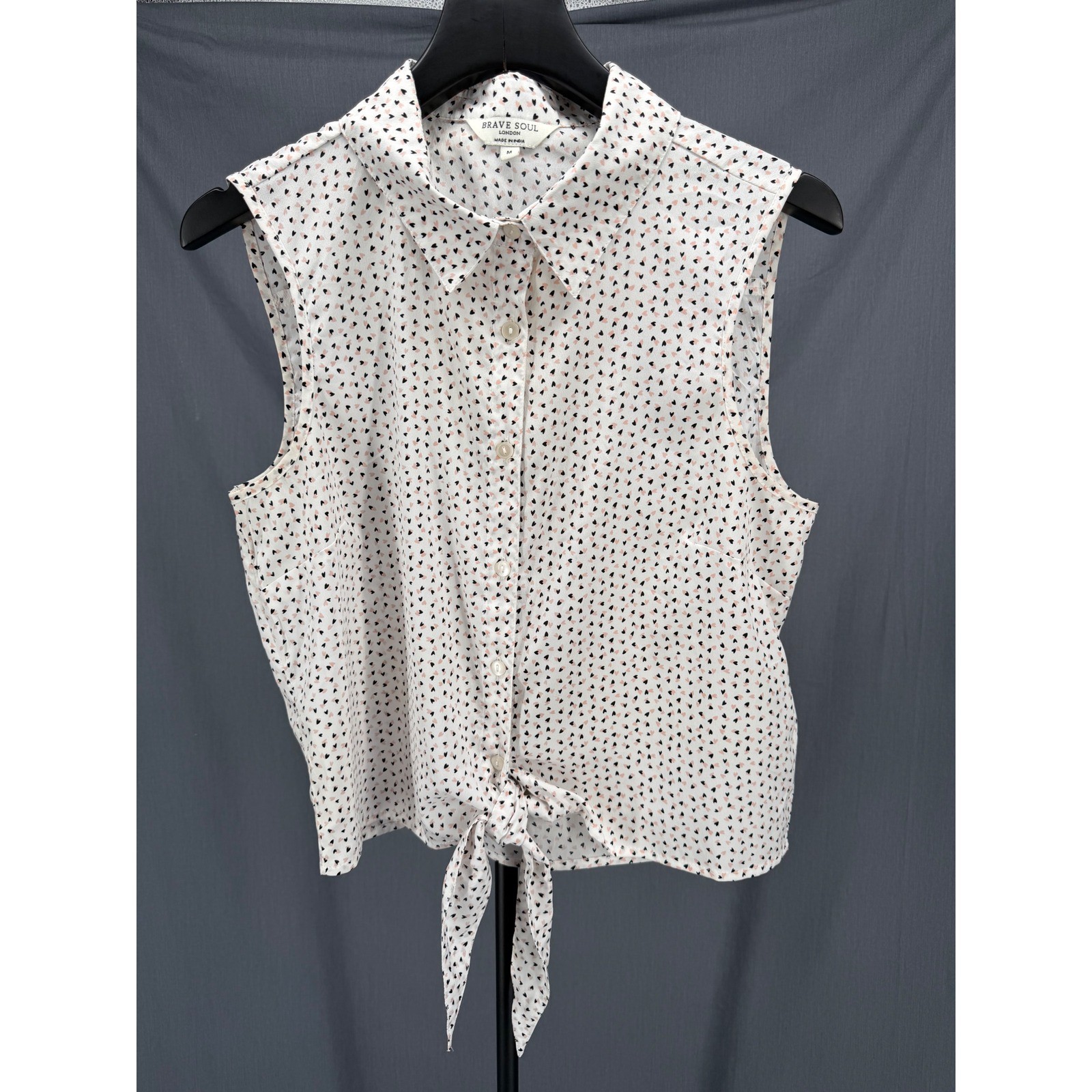 Brave Soul London Womens Heart Print Sleeveless Tie Front Top White M