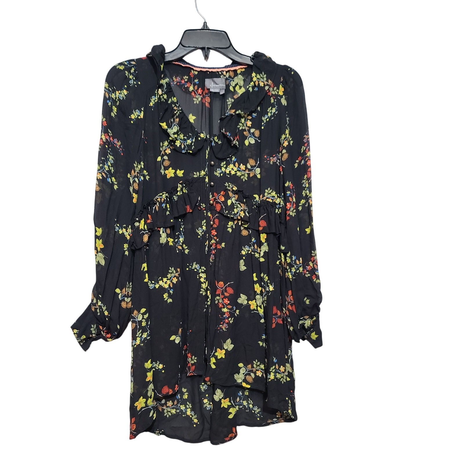 Anthropologie Black Jamison Ruffled Black Floral Sheer Tunic Shirt Dress Size XS