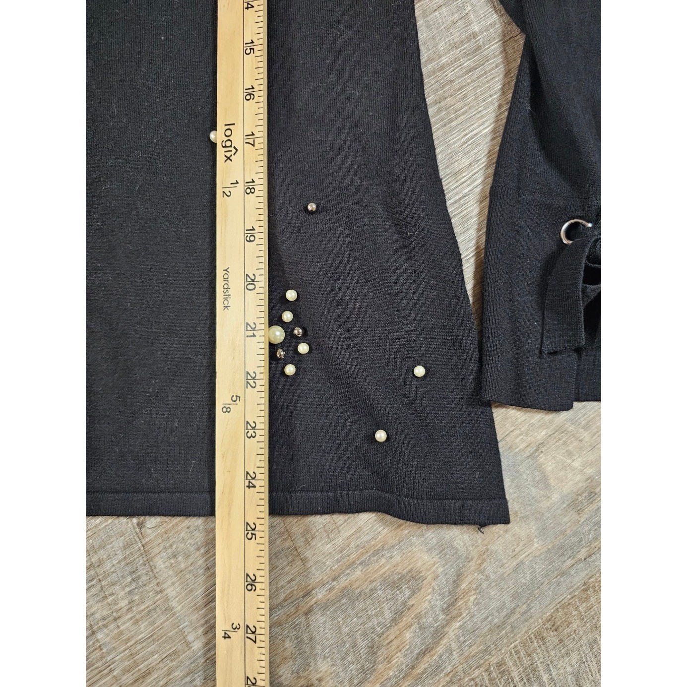 Marie Claire Boutiques Black Pearl Embellished Knit Top Tie Cuff Long Sleeve