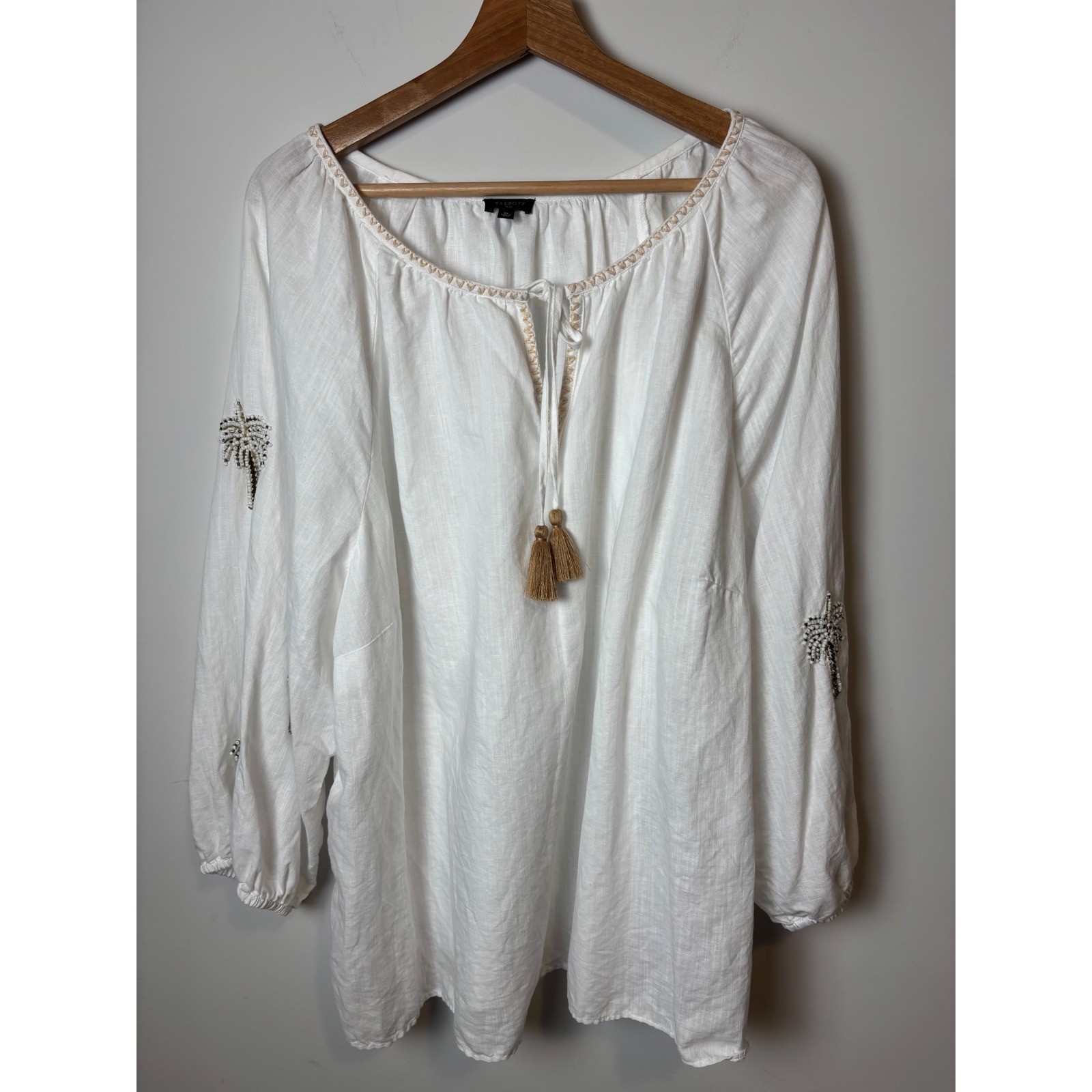 Talbots Plus Womens White Linen blend Beaded Palm Tree Tassel Peasant Top 3X