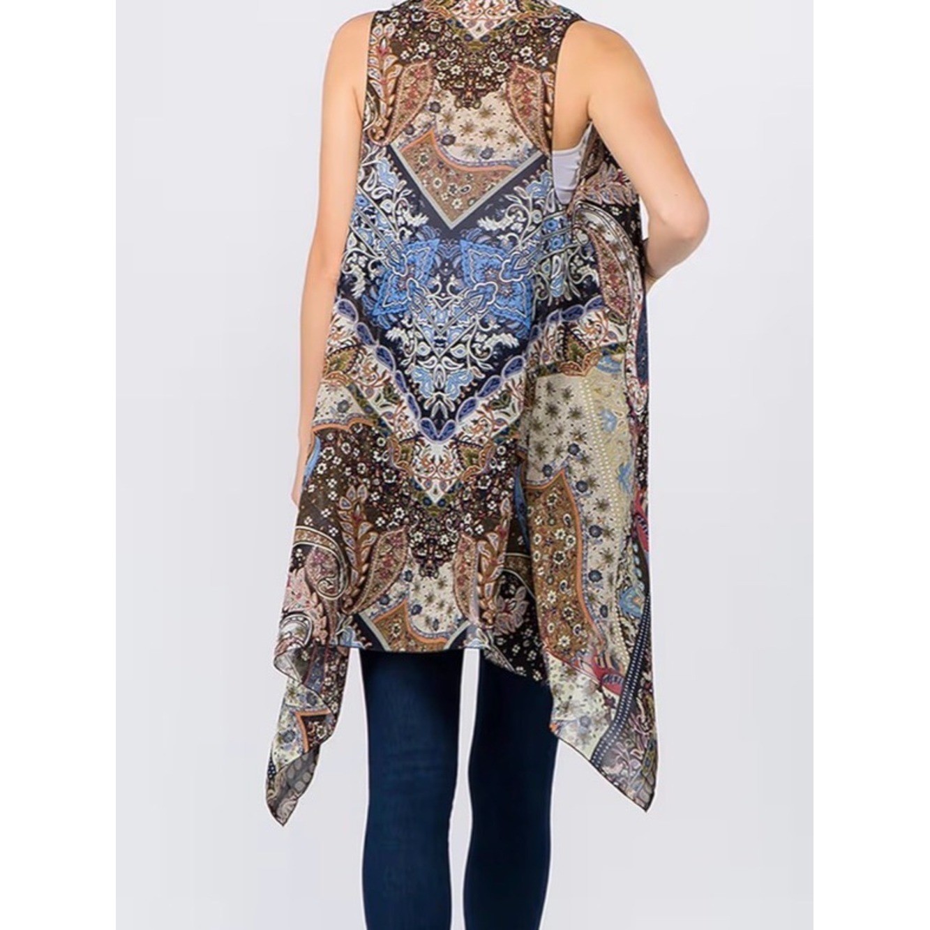 Boho Floral Patchwork Sleeveless Drape Vest – Neutral Multi Color Womens S/M