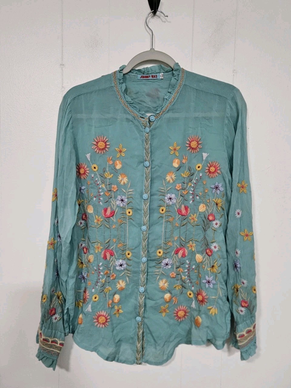 Johnny Was Iolanda Blouse Teal Embroidered Floral Button-Front