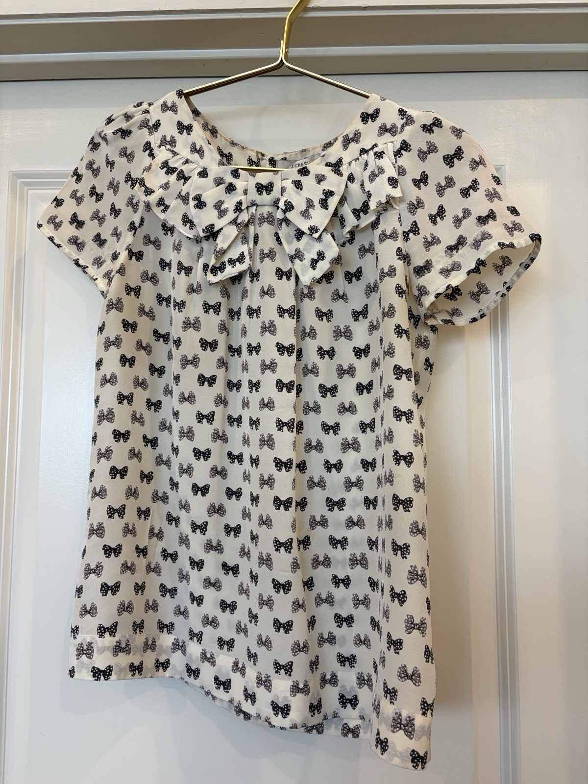 J Crew Women’s White & Black Bow Print Round Neck Short Sleeve Blouse Top