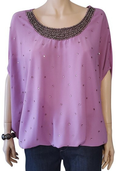 Vertigo Glam Rhinestone Beaded Blouse Women XL Purple Dolman Party Top NWT $140