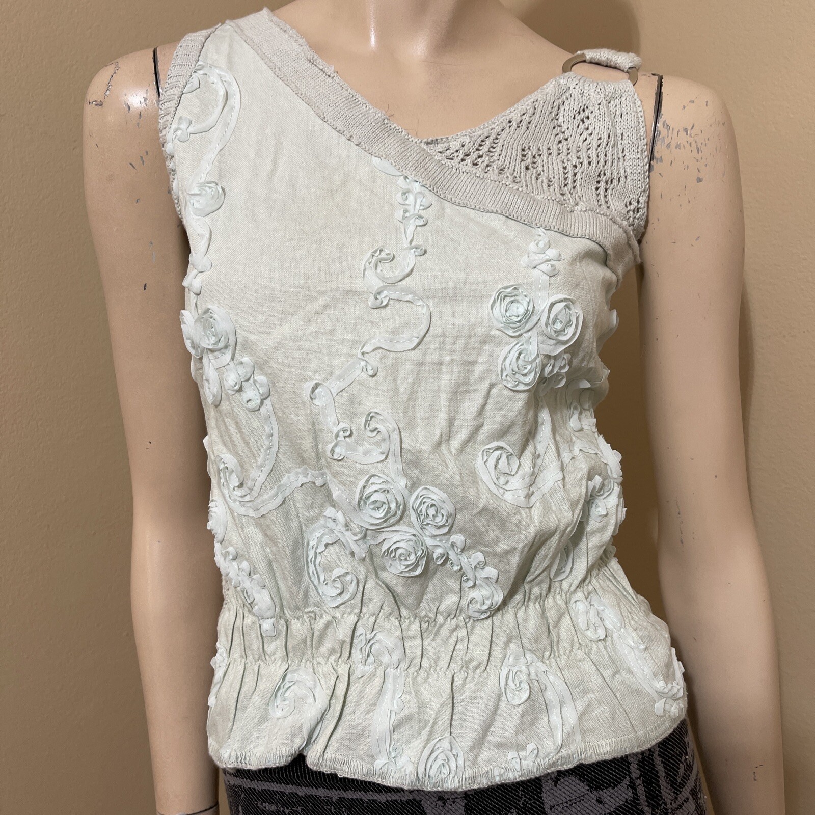 Women’s Light Blue Cotton Casual Stretch Buckle Knitted Pleated Size S/M Blouse