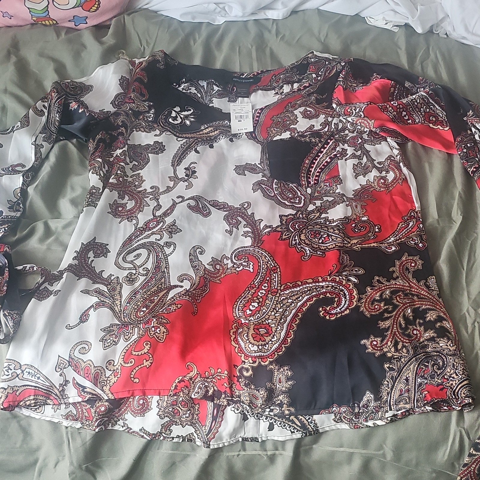 New York & Company Paisley Blouse Satin Pleated 3/4 Sleeve Round Neck S