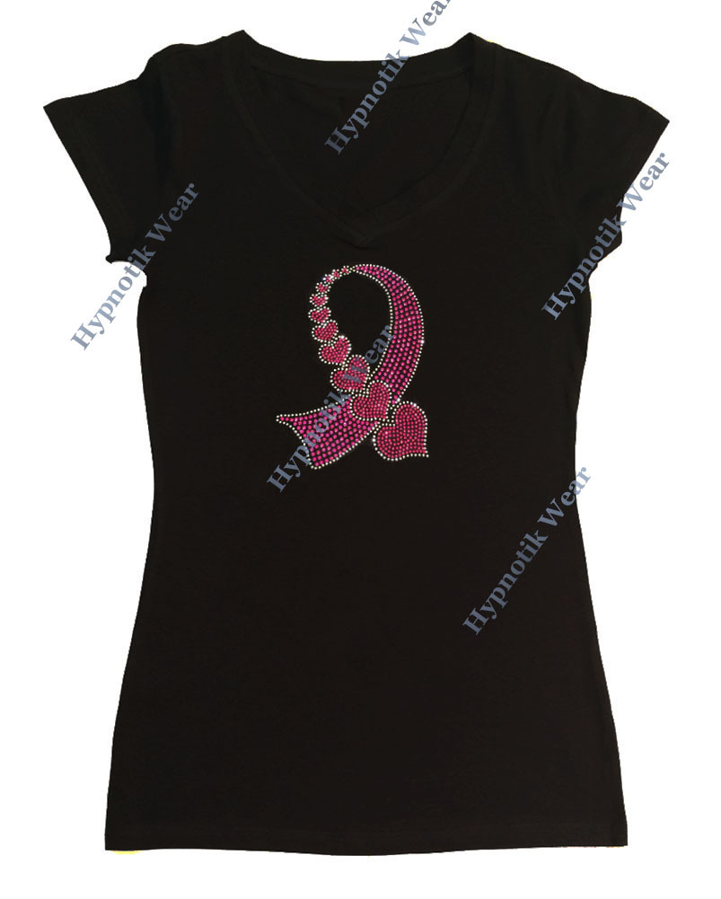 Women’s Rhinestone T-Shirt ” Cancer Ribbon with Hearts ” in S, M, L, XL, 2X, 3X