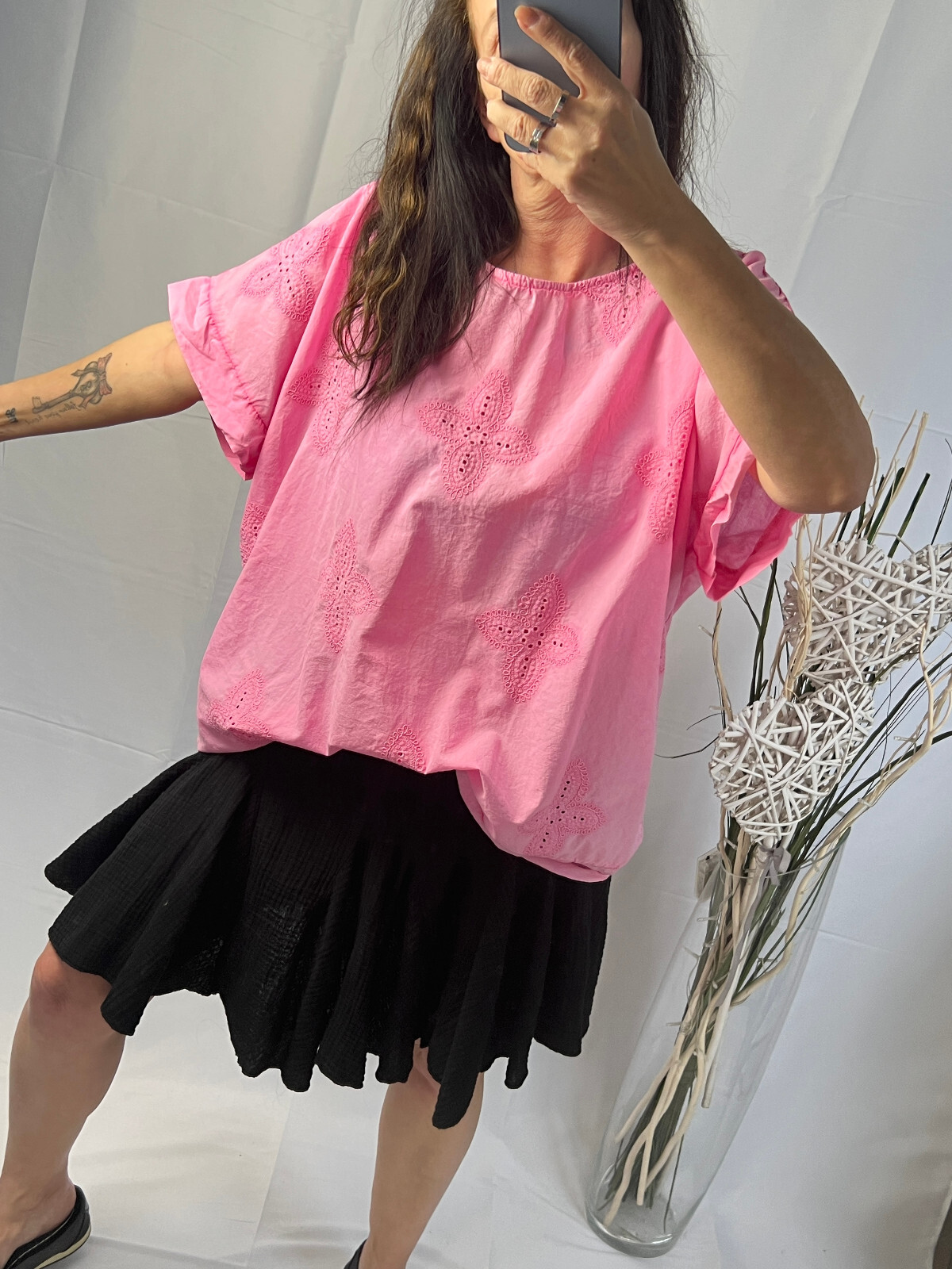 Italy new collection shirt blouse pink wash blogger size 38 40 42 44 eyelet embroidery