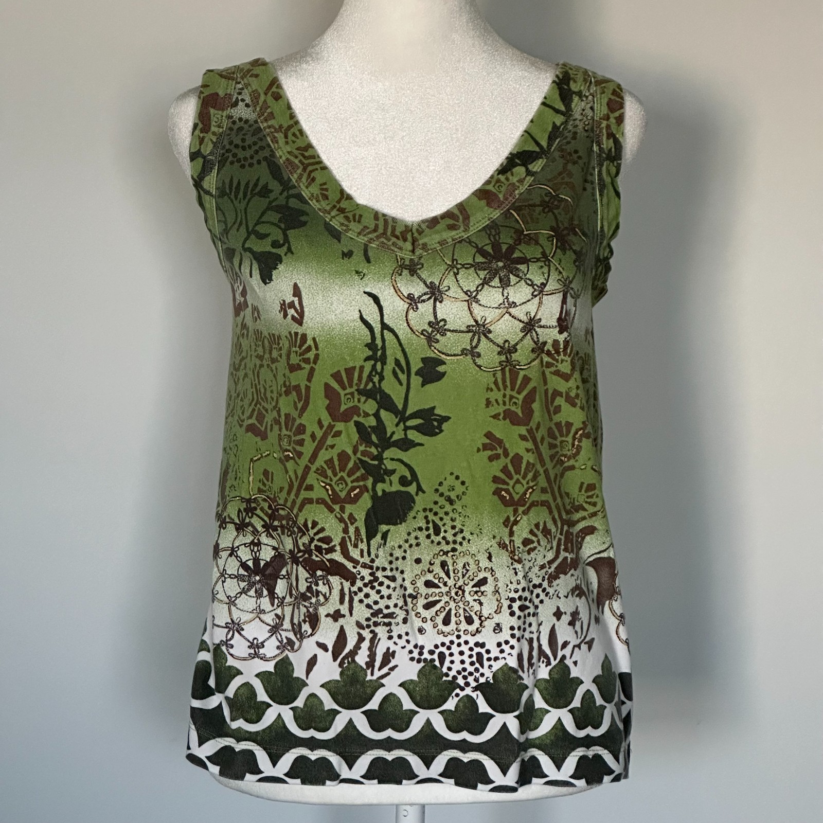 White Stag Y2K Green Brown Metallic Print V-Neck Tank Top Women’s XL