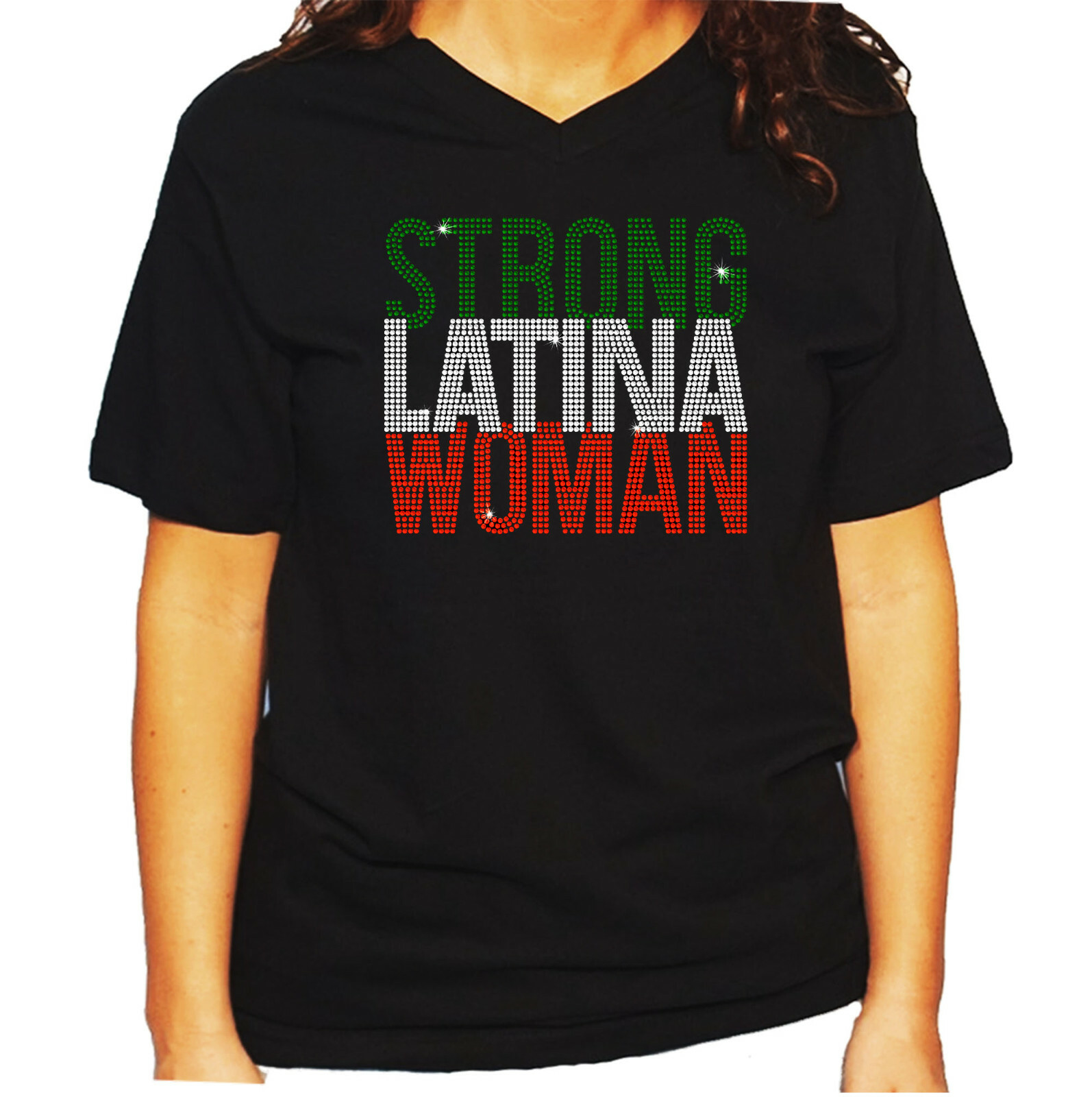 Women’s / Unisex Rhinestone T-shirt ” Strong Latina Woman ” in Sm – 3XL