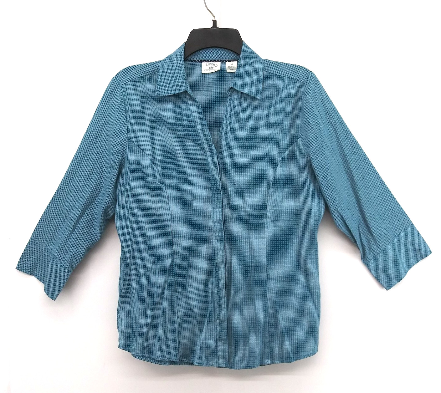 Riders by Lee Shirt Women Size M Teal Check Collared 3/4 Sleeve Button Up Top