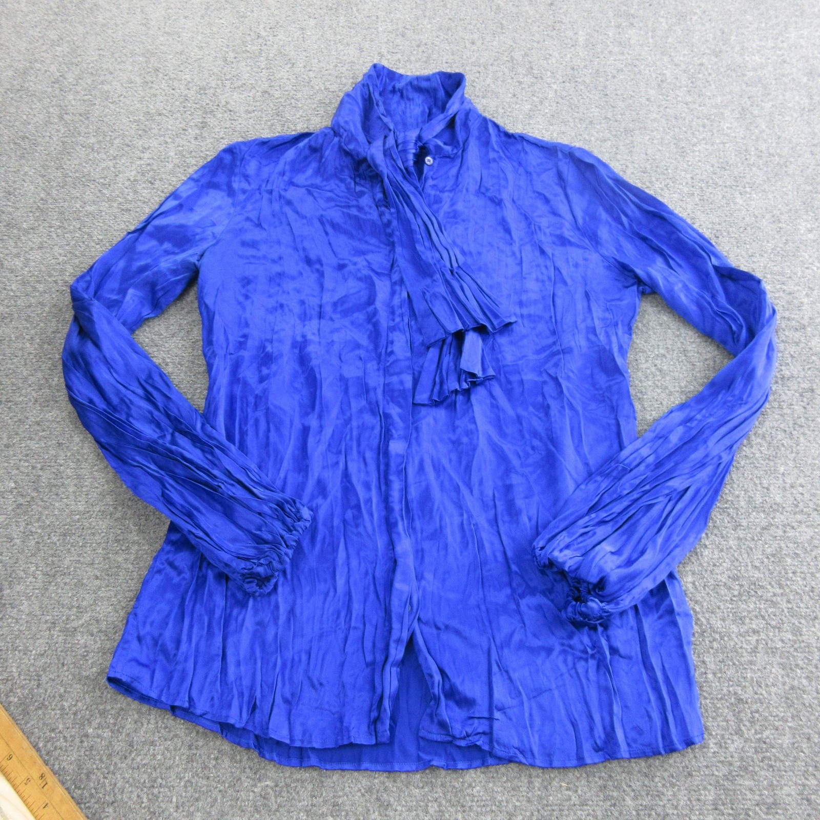 Roberto Cavalli Blouse Womens 46 Blue Silk Satin High Neck Long Sleeve Tie Top