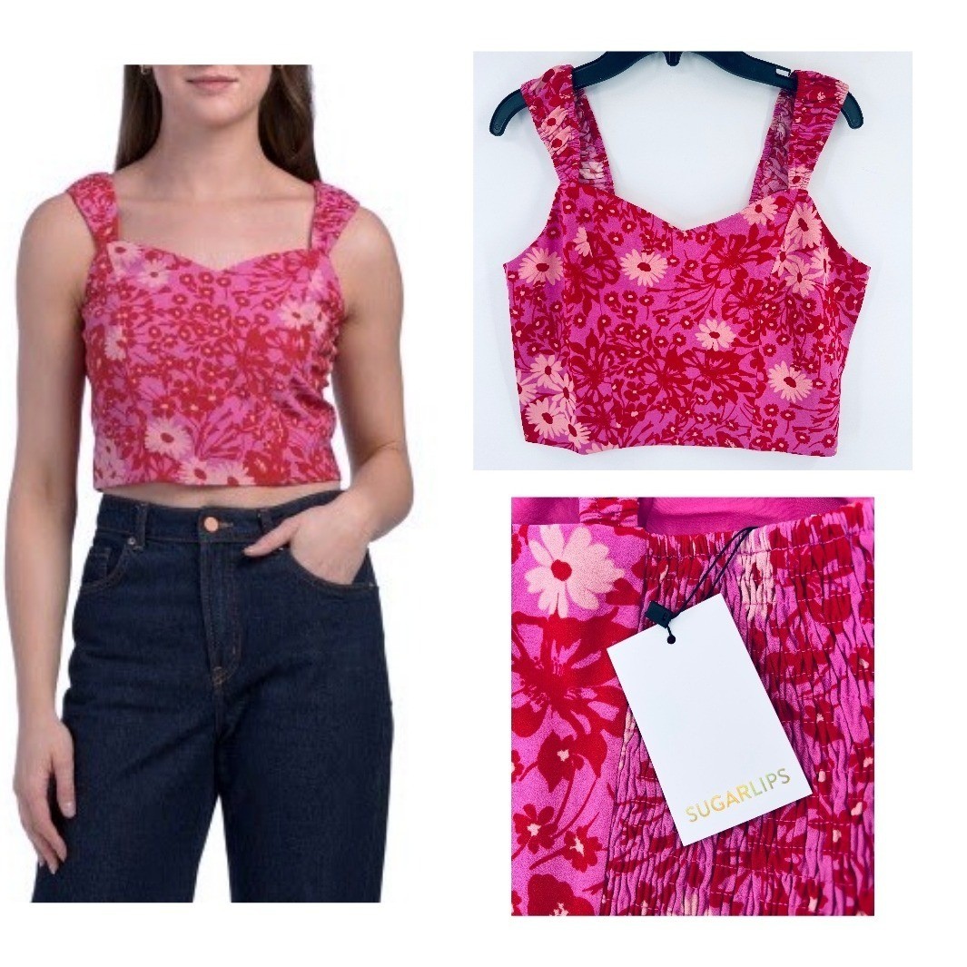 SUGAR LIPS Printed Cropped Top M Pink Floral Smocked Straps Sweetheart Neck NWT