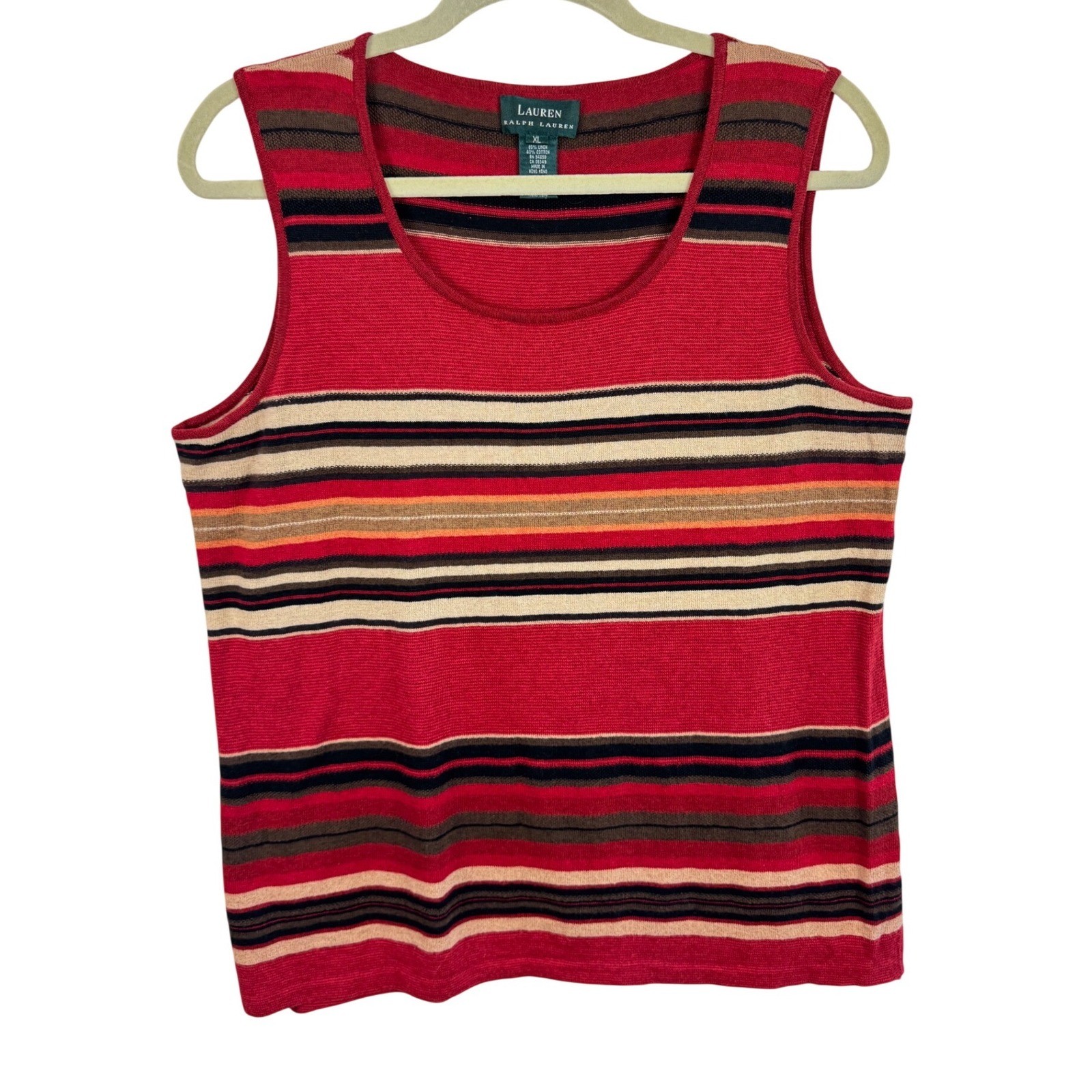 Lauren Ralph Lauren Red Striped Linen Cotton Knit Sleeveless Top Preppy Size XL