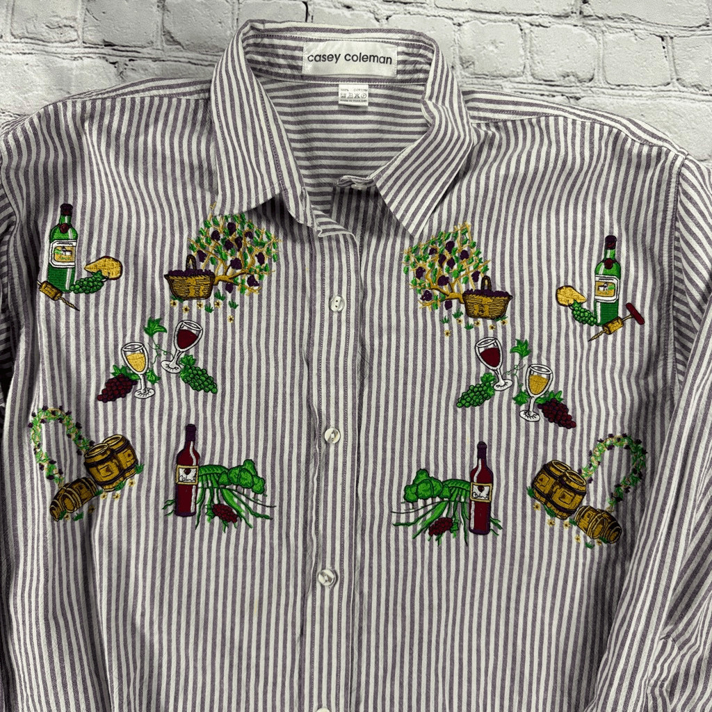VTG Casey Coleman Vineyard Wine Embroidered Pinstripe Blouse Size L A