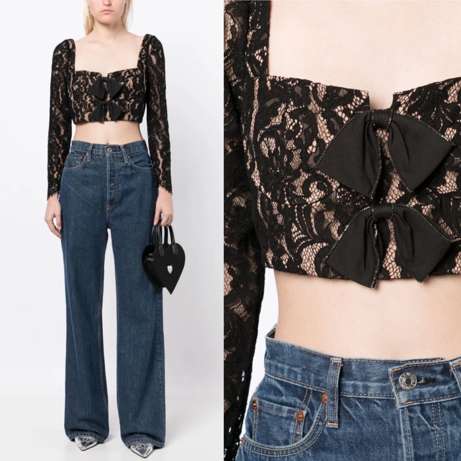 Self Portrait Bow Detail Lace Top Blouse Black UK 6 US 2