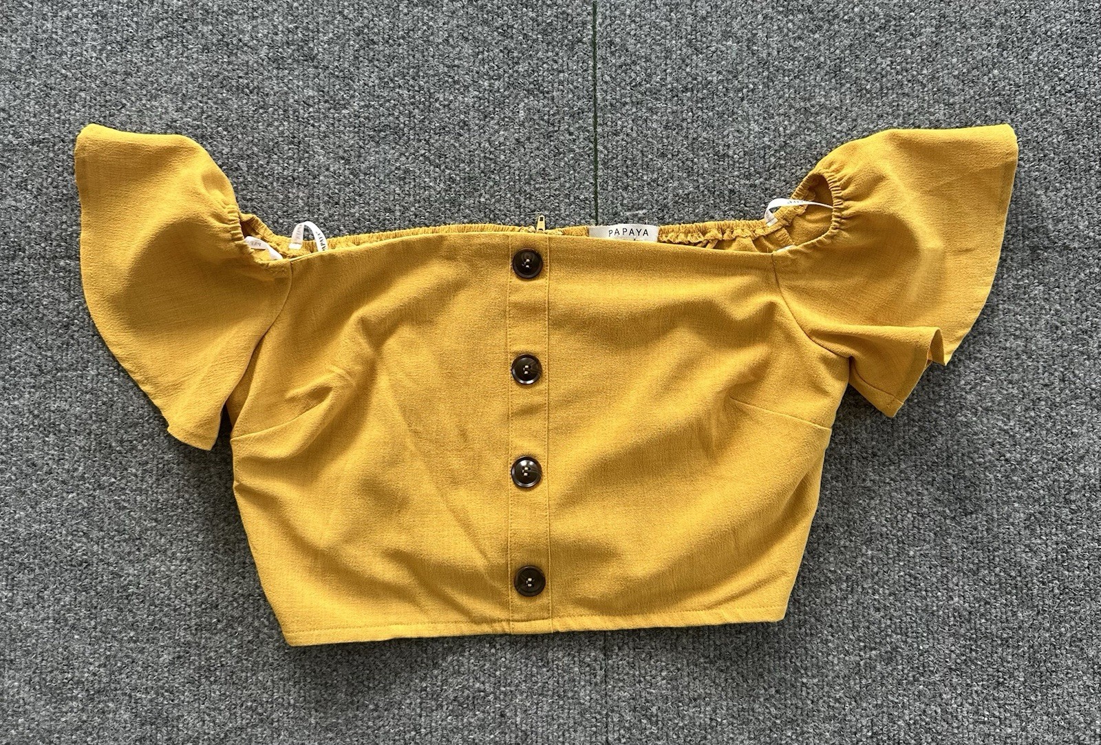 Papaya Women’s M Mustard Yellow Off-Shoulder Crop Top Button Front Smocked Back