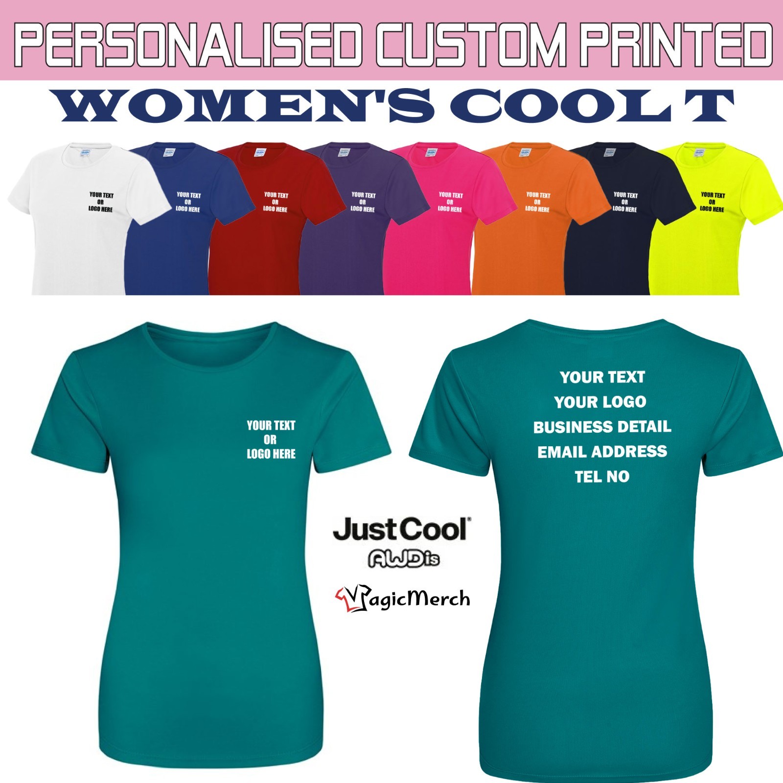 Printed AWDis Women’s Cool T-Shirt Personalised Text Logo Workwear Unisex Tee