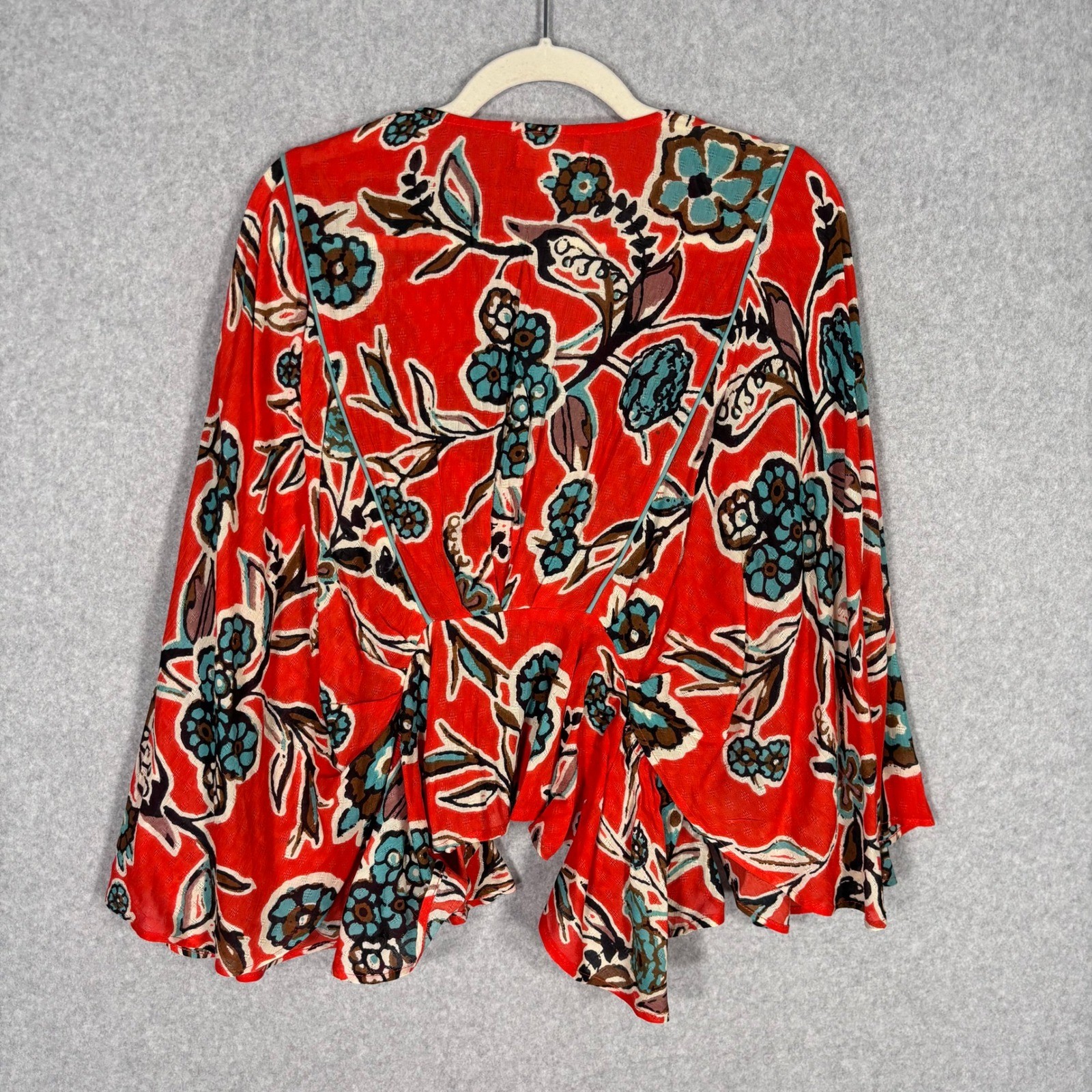 Band of the Free Kimono Top Small Red Floral Boho Bell Sleeve Tassel Tie Front