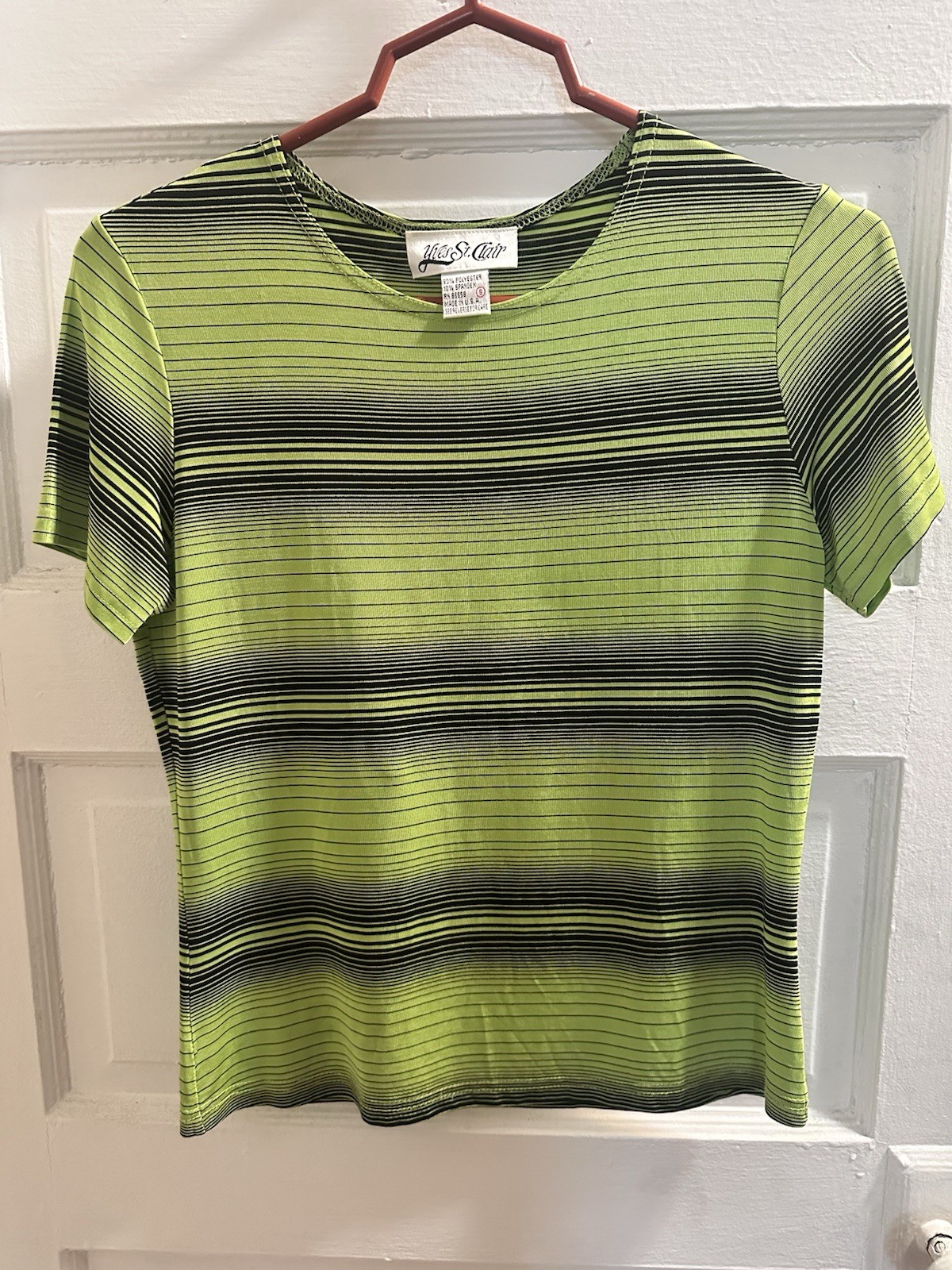Yves St Clair Striped Green Black Top Women’s M Polyester Spandex VTG